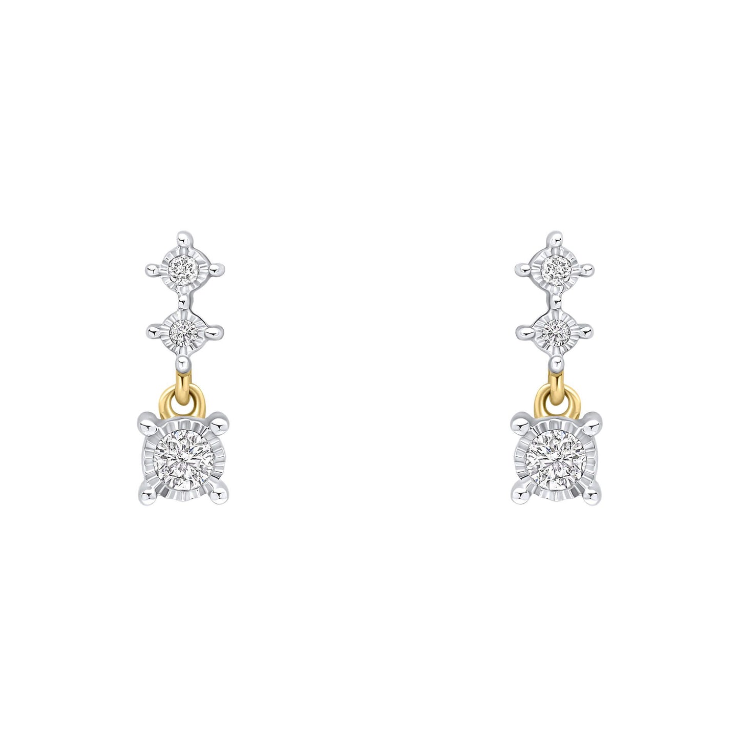 A pair of delicate 9ct yellow gold drop earrings, each featuring three vertically stacked diamonds in white gold illusion settings, on a white background.