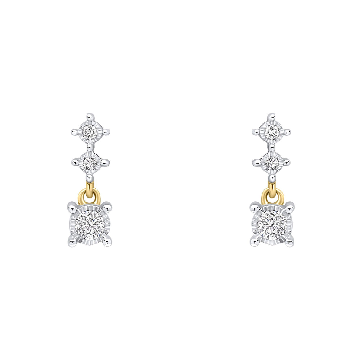 A pair of delicate 9ct yellow gold drop earrings, each featuring three vertically stacked diamonds in white gold illusion settings, on a white background.