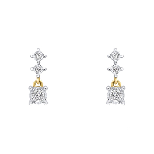 A pair of delicate 9ct yellow gold drop earrings, each featuring three vertically stacked diamonds in white gold illusion settings, on a white background. 1920