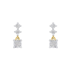 A pair of delicate 9ct yellow gold drop earrings, each featuring three vertically stacked diamonds in white gold illusion settings, on a white background.
