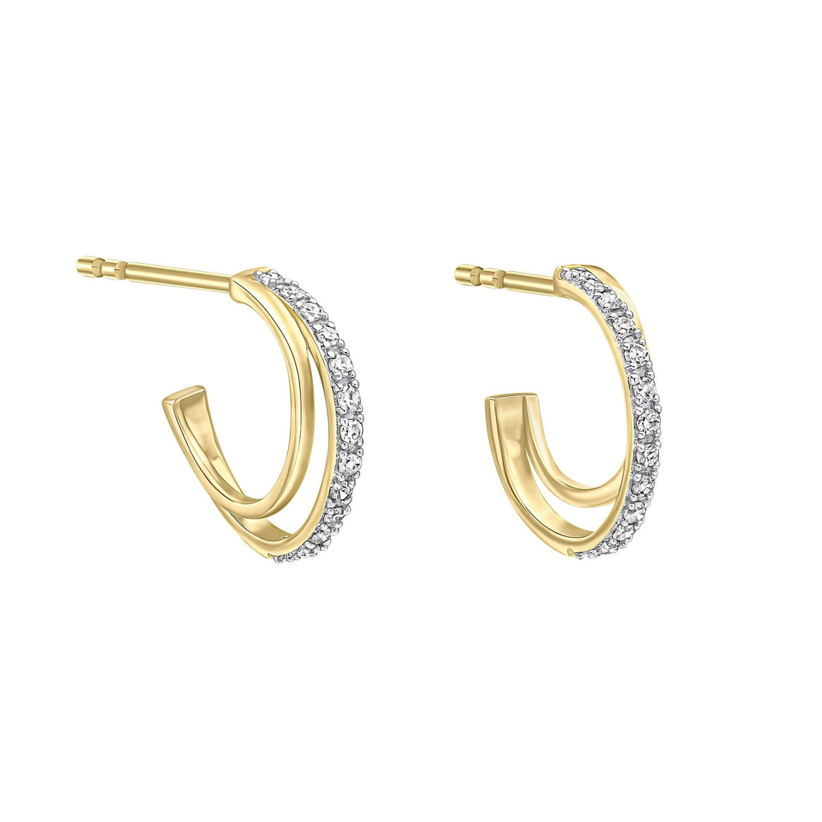 A pair of 9ct yellow gold double hoop earrings, featuring one plain polished hoop and one pave-set diamond hoop, on a white background.
