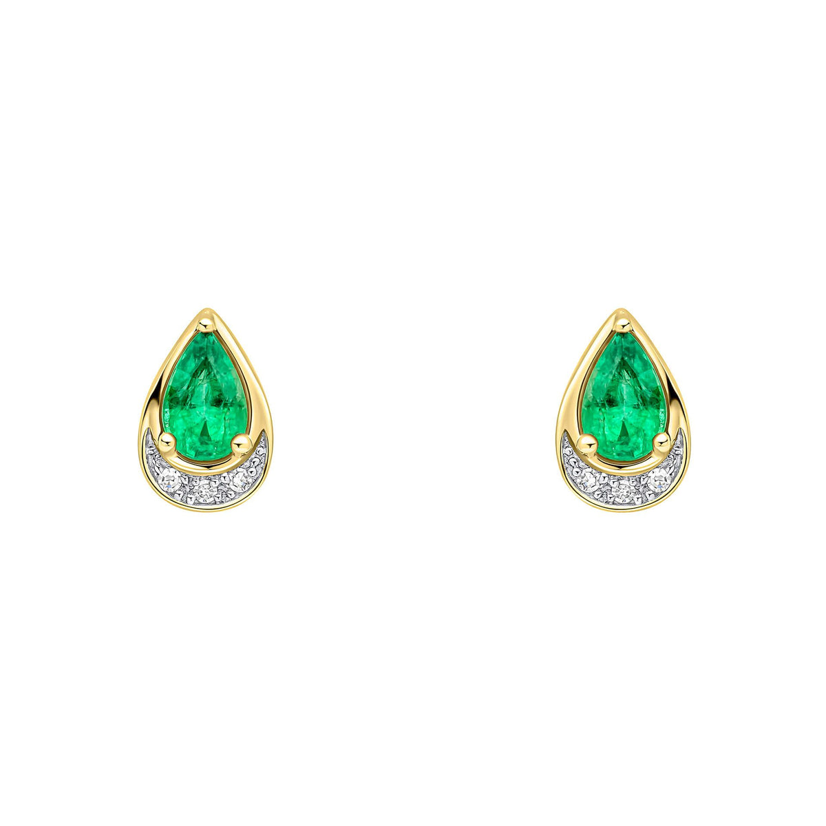 A pair of 9ct yellow gold stud earrings featuring a pear-cut emerald above a curved row of diamonds, on a white background.