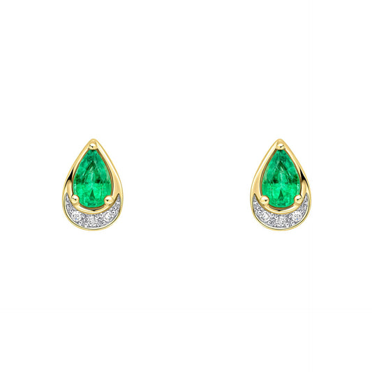A pair of 9ct yellow gold stud earrings featuring a pear-cut emerald above a curved row of diamonds, on a white background. 1920
