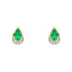 A pair of 9ct yellow gold stud earrings featuring a pear-cut emerald above a curved row of diamonds, on a white background.