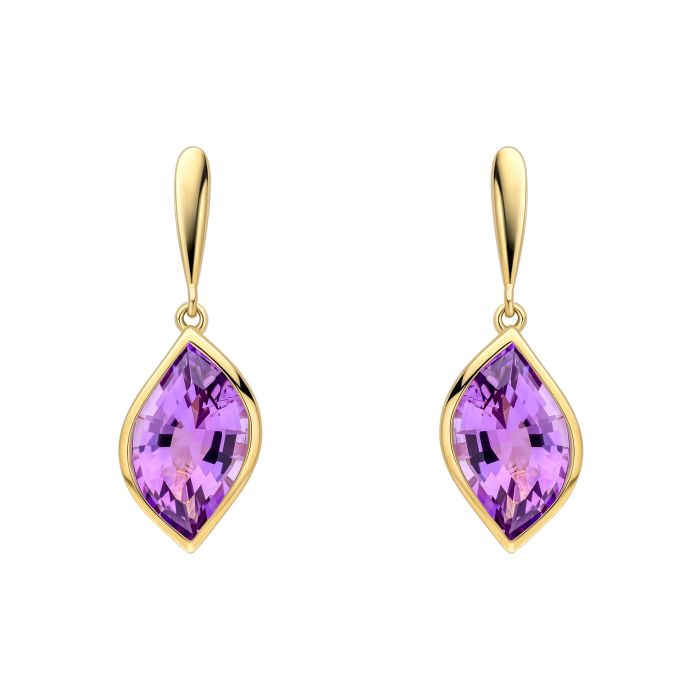 Gold earrings with purple gemstones on a white background