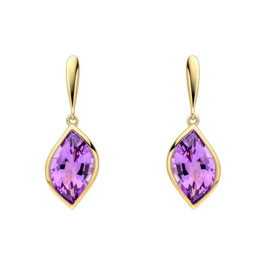 Gold earrings with purple gemstones on a white background 700