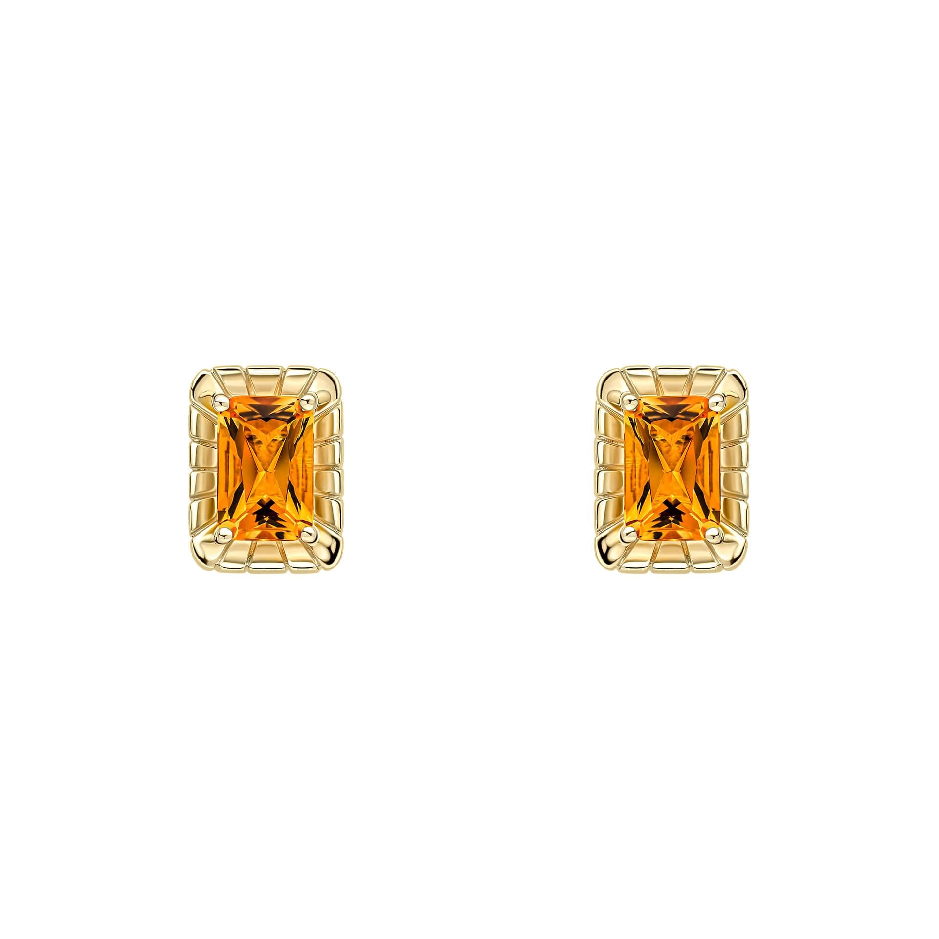 A pair of 9ct yellow gold stud earrings featuring an octagon-cut citrine gemstone surrounded by a detailed, textured gold frame, on a white background.