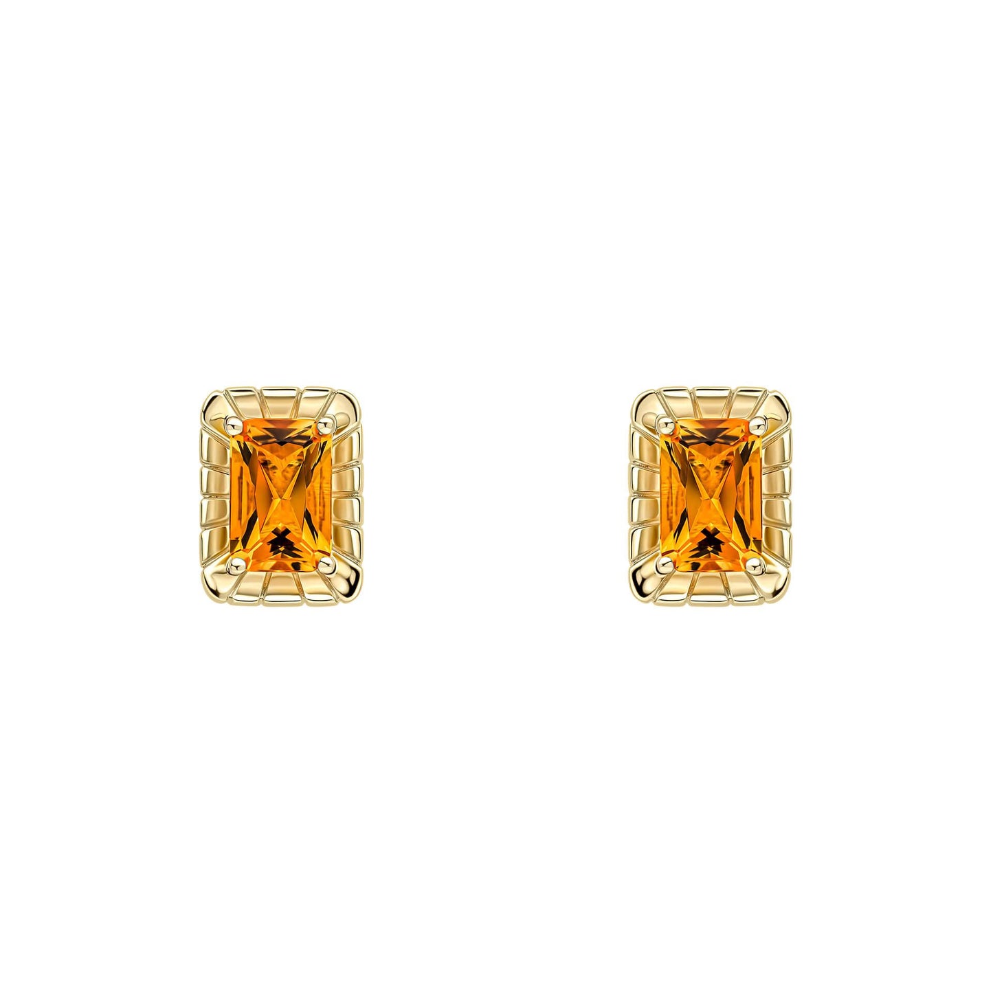 A pair of 9ct yellow gold stud earrings featuring an octagon-cut citrine gemstone surrounded by a detailed, textured gold frame, on a white background.