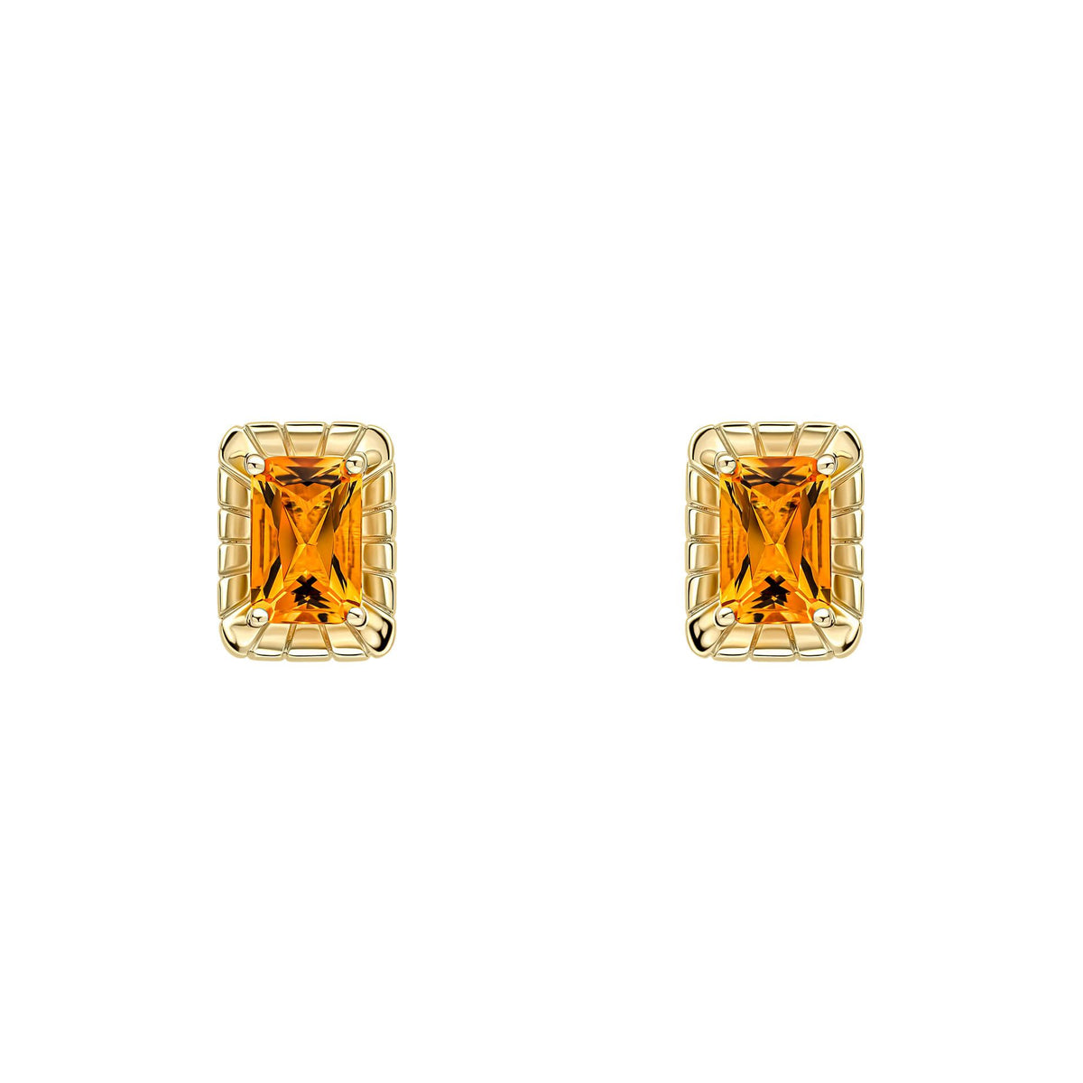 A pair of 9ct yellow gold stud earrings featuring an octagon-cut citrine gemstone surrounded by a detailed, textured gold frame, on a white background.