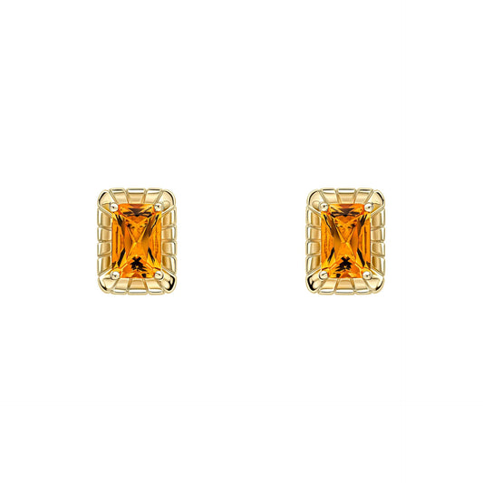 A pair of 9ct yellow gold stud earrings featuring an octagon-cut citrine gemstone surrounded by a detailed, textured gold frame, on a white background. 1920