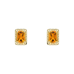 A pair of 9ct yellow gold stud earrings featuring an octagon-cut citrine gemstone surrounded by a detailed, textured gold frame, on a white background.
