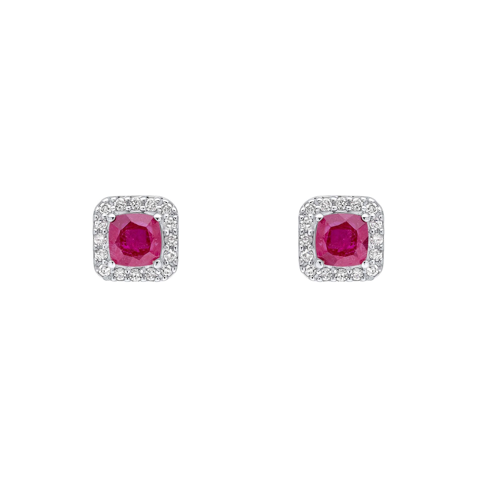 A pair of 9ct white gold stud earrings featuring a cushion-cut ruby surrounded by a diamond halo, shown on a white background.