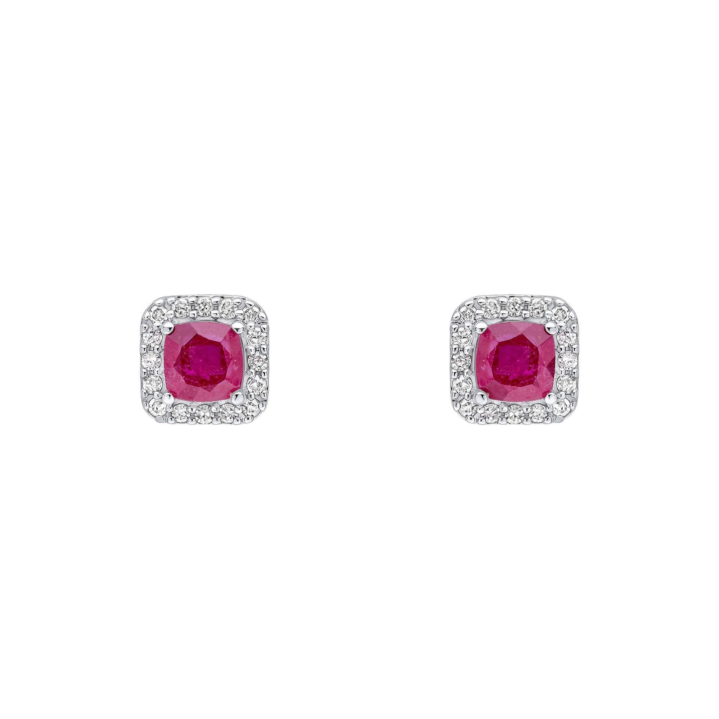 A pair of 9ct white gold stud earrings featuring a cushion-cut ruby surrounded by a diamond halo, shown on a white background.
