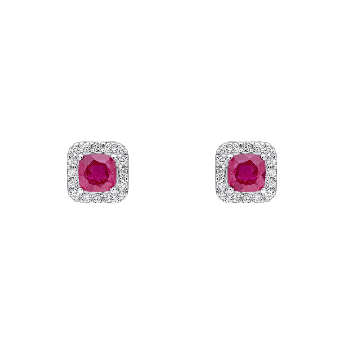 A pair of 9ct white gold stud earrings featuring a cushion-cut ruby surrounded by a diamond halo, shown on a white background.