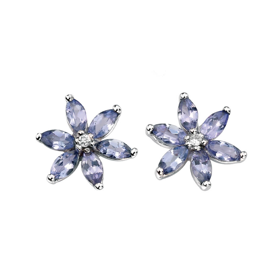 Tanzanite and diamond flower earrings in 9ct white gold, front view