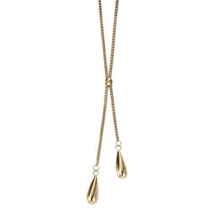 Gold necklace with two teardrop pendants on a white background