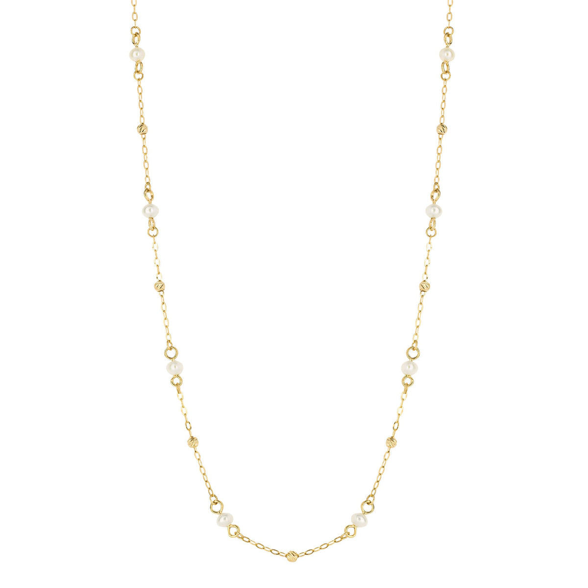 Trace chain station necklace with freshwater pearls in 9ct yellow gold