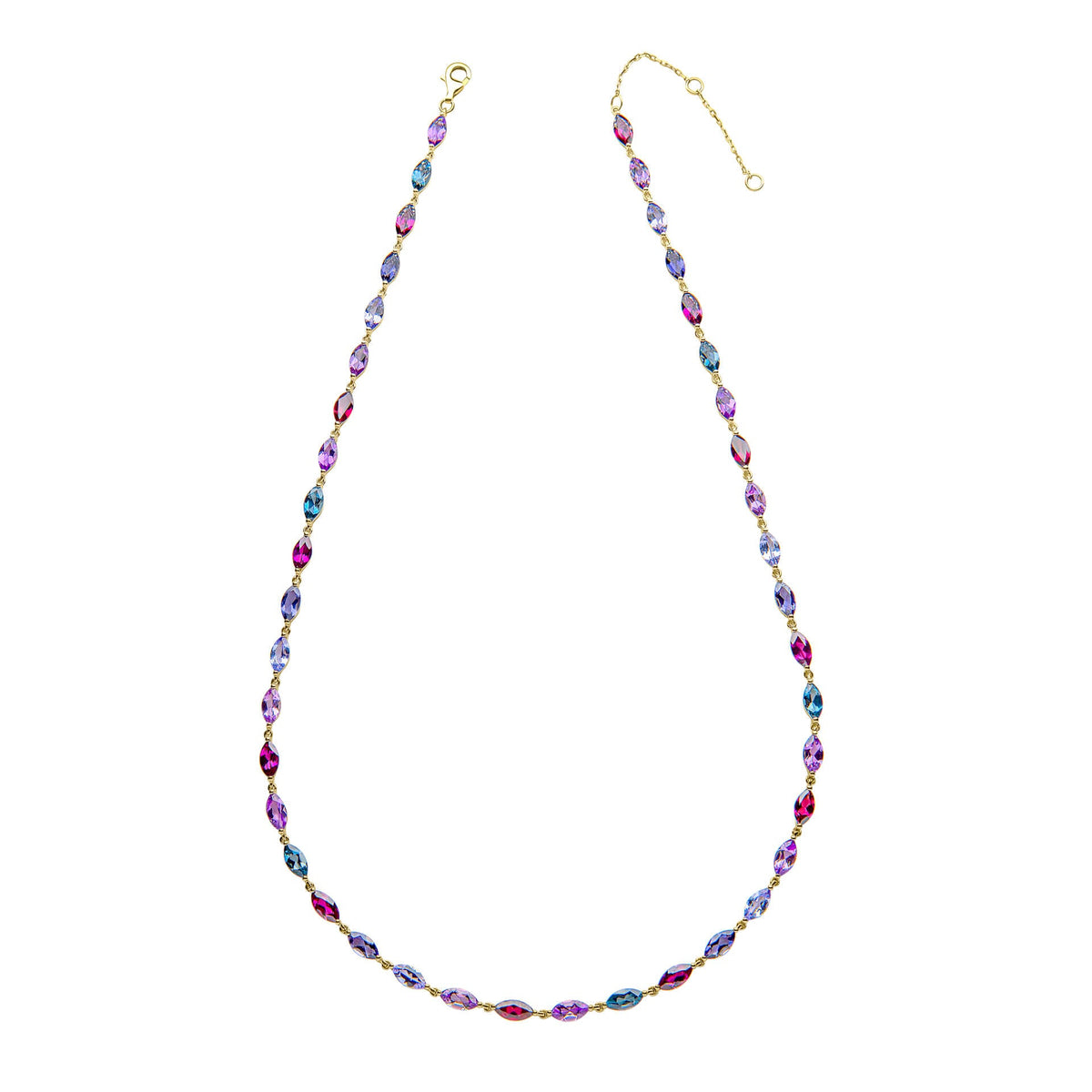 Semi-precious navette necklace in 9ct yellow gold featuring multi-coloured gemstones