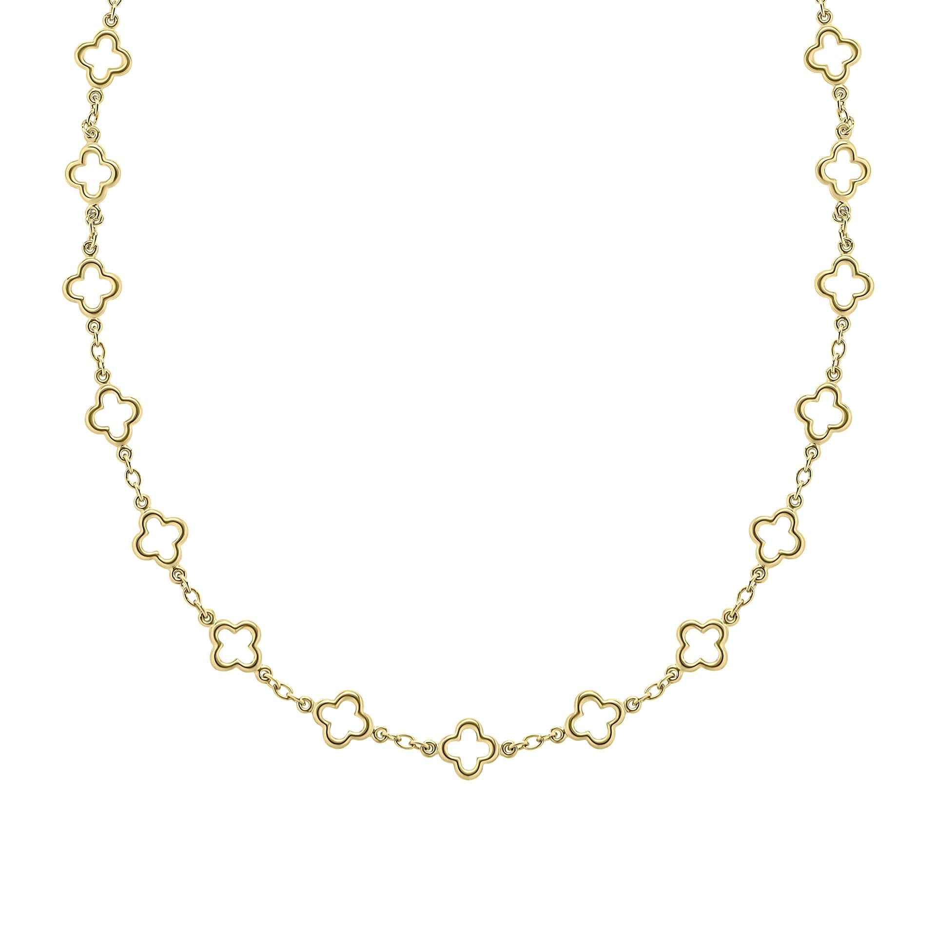 A 9ct yellow gold station necklace featuring evenly spaced, textured quatrefoil motifs on a fine gold chain, shown on a white background.