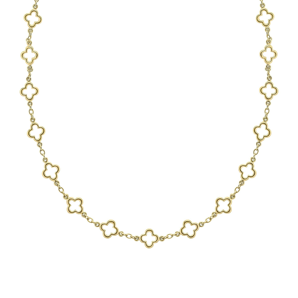 A 9ct yellow gold station necklace featuring evenly spaced, textured quatrefoil motifs on a fine gold chain, shown on a white background.