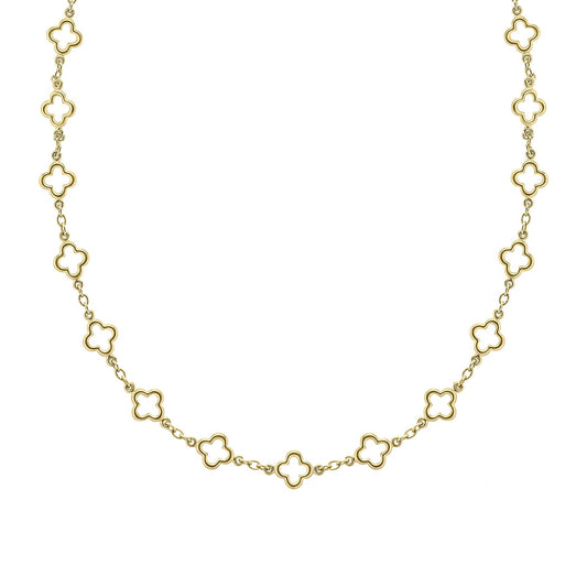 A 9ct yellow gold station necklace featuring evenly spaced, textured quatrefoil motifs on a fine gold chain, shown on a white background. 1920