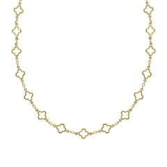 A 9ct yellow gold station necklace featuring evenly spaced, textured quatrefoil motifs on a fine gold chain, shown on a white background.
