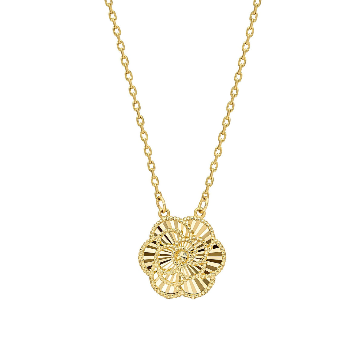 A 9ct yellow gold necklace featuring a detailed English Rose pendant with diamond-cut petals, suspended on a fine gold chain.