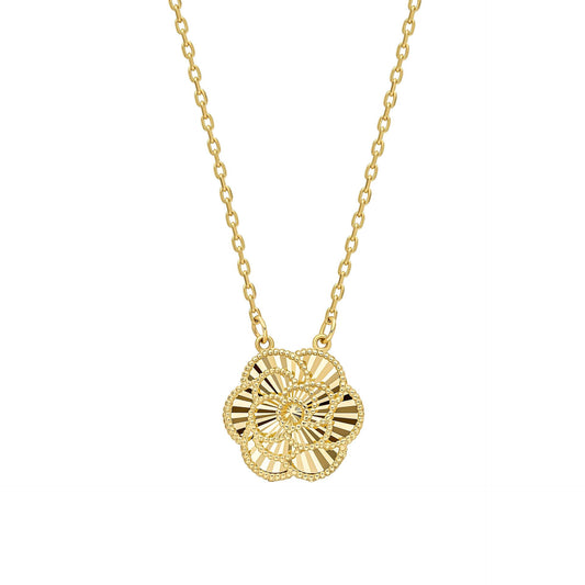 A 9ct yellow gold necklace featuring a detailed English Rose pendant with diamond-cut petals, suspended on a fine gold chain. 1920