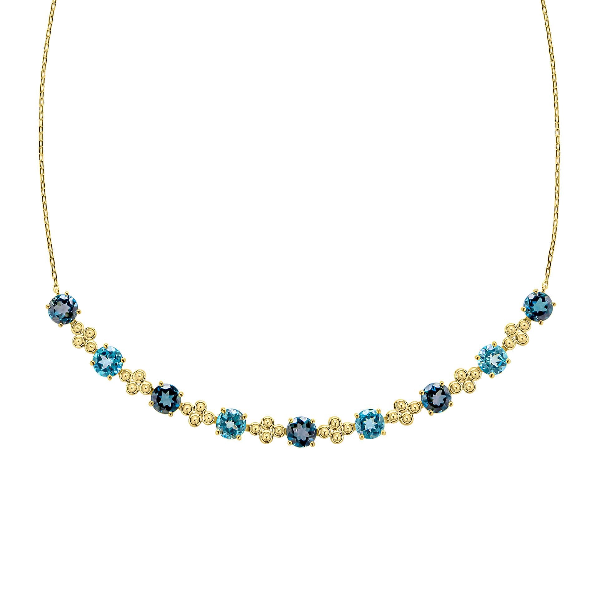 A close-up view of the blue topaz necklace, showing the detailed gold settings and the alternating shades of blue gemstones.