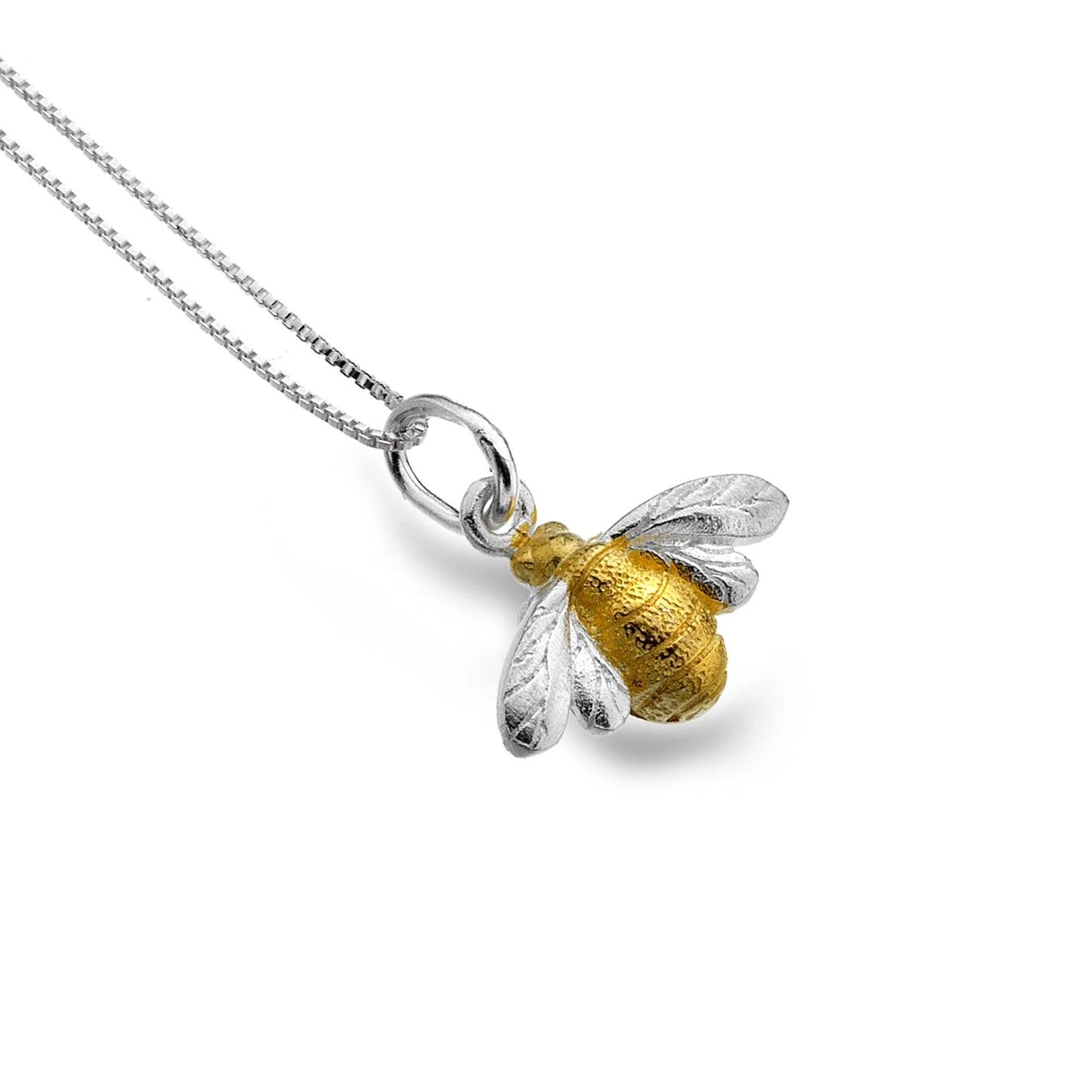 Silver and gold bee pendant on a chain against a white background