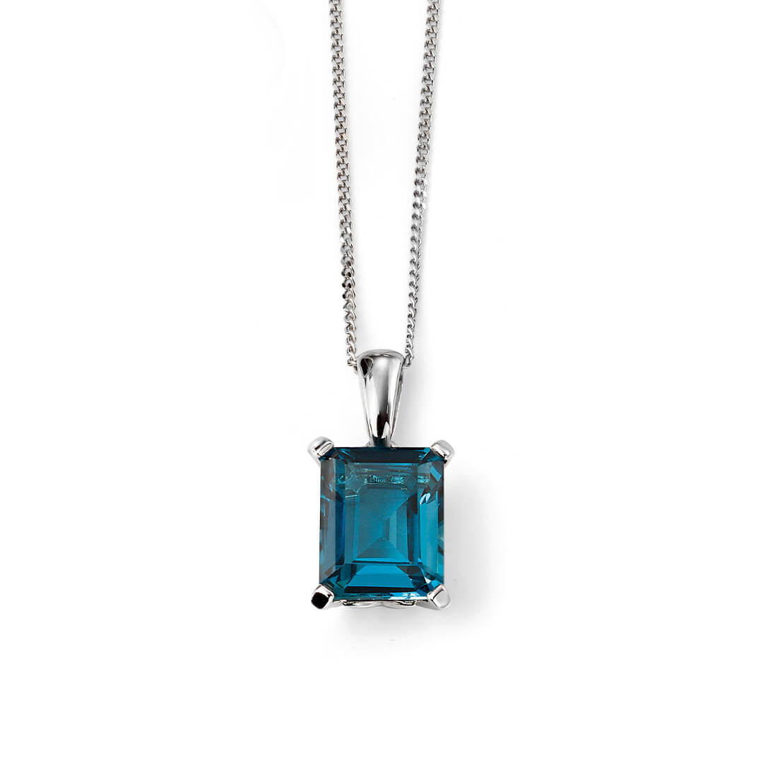 Rectangle blue topaz pendant in 9ct white gold with claw setting