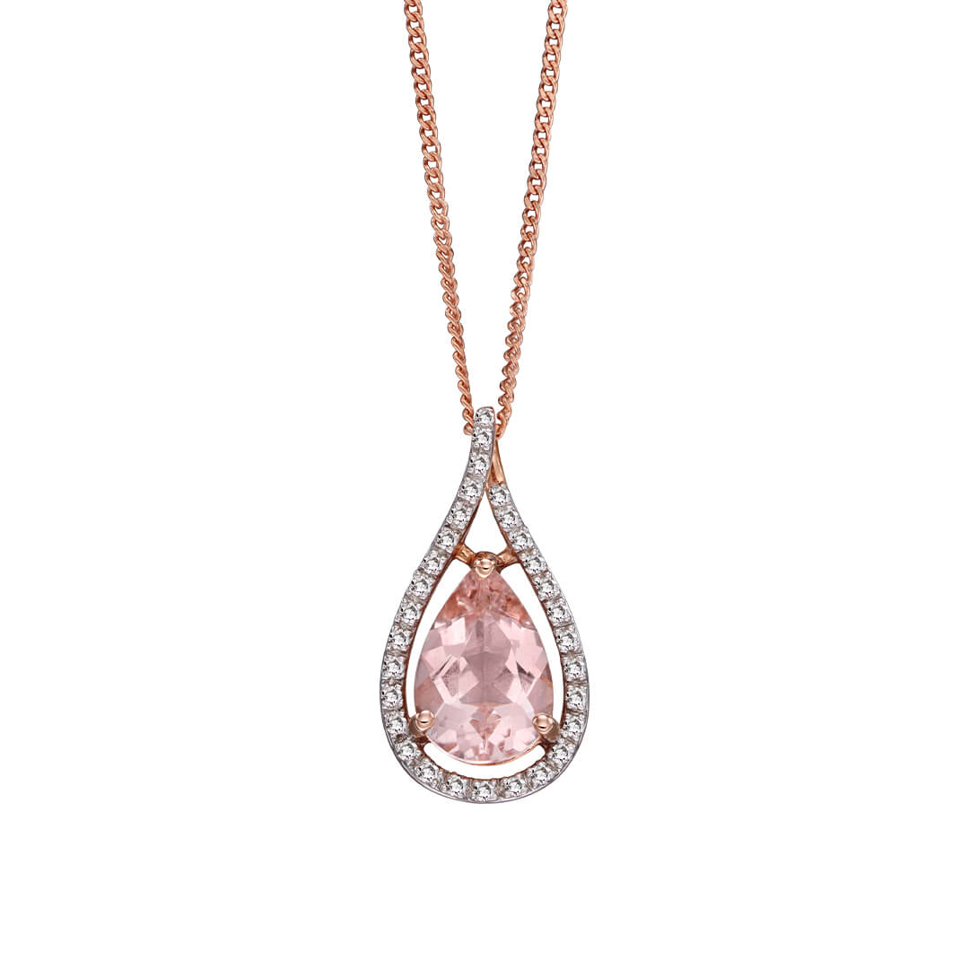 Morganite teardrop pendant with diamond surround in 9ct rose gold, worn as a model