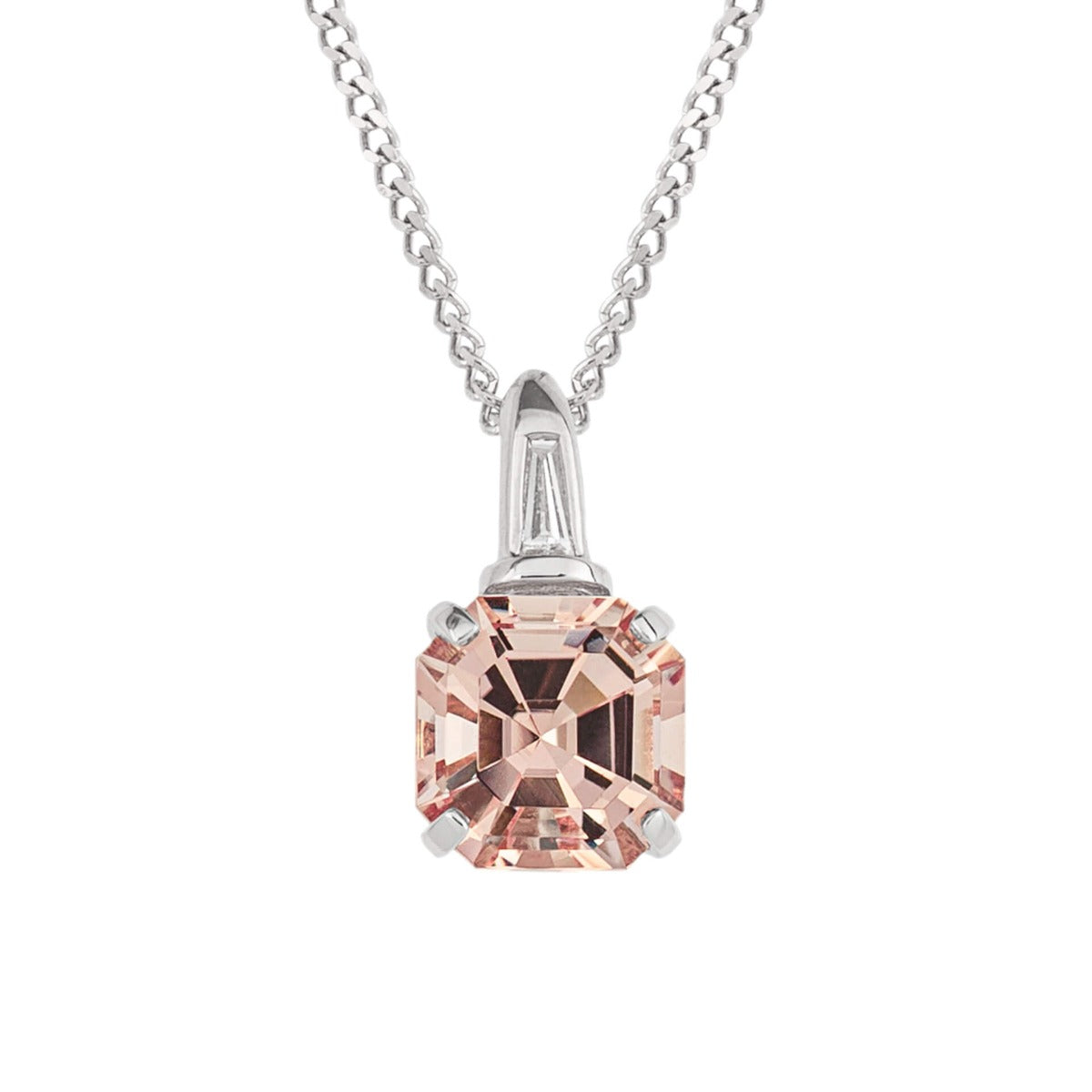 Asscher cut pink morganite and diamond pendant in 9ct white gold