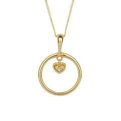 Gold necklace with a heart-shaped pendant on a white background