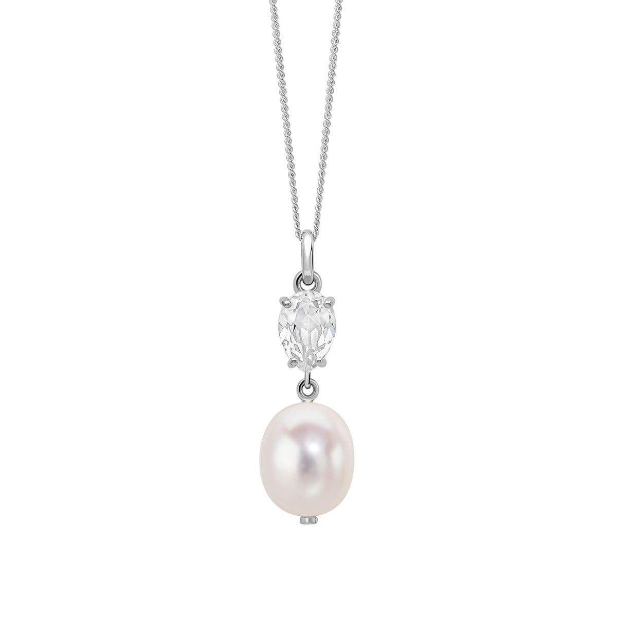 Baroque pearl and white topaz pendant in 9ct white gold