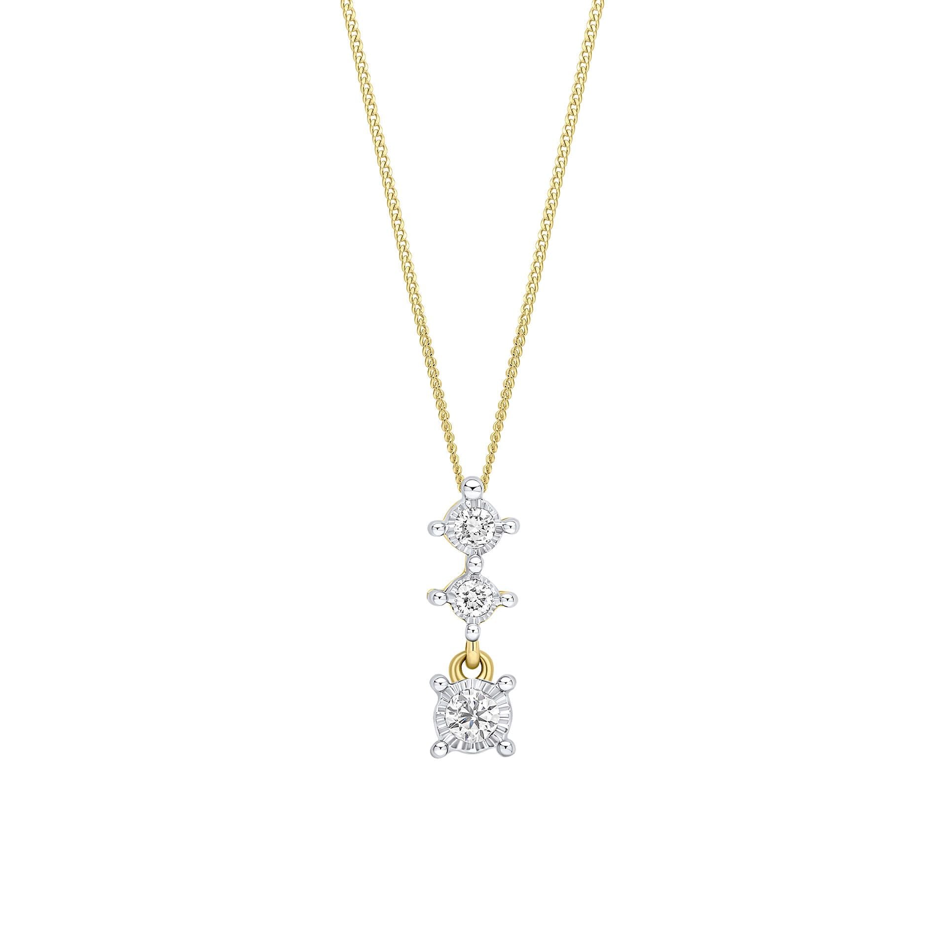A 9ct yellow gold pendant featuring three vertically stacked diamonds in white gold illusion settings, shown on a fine gold chain.