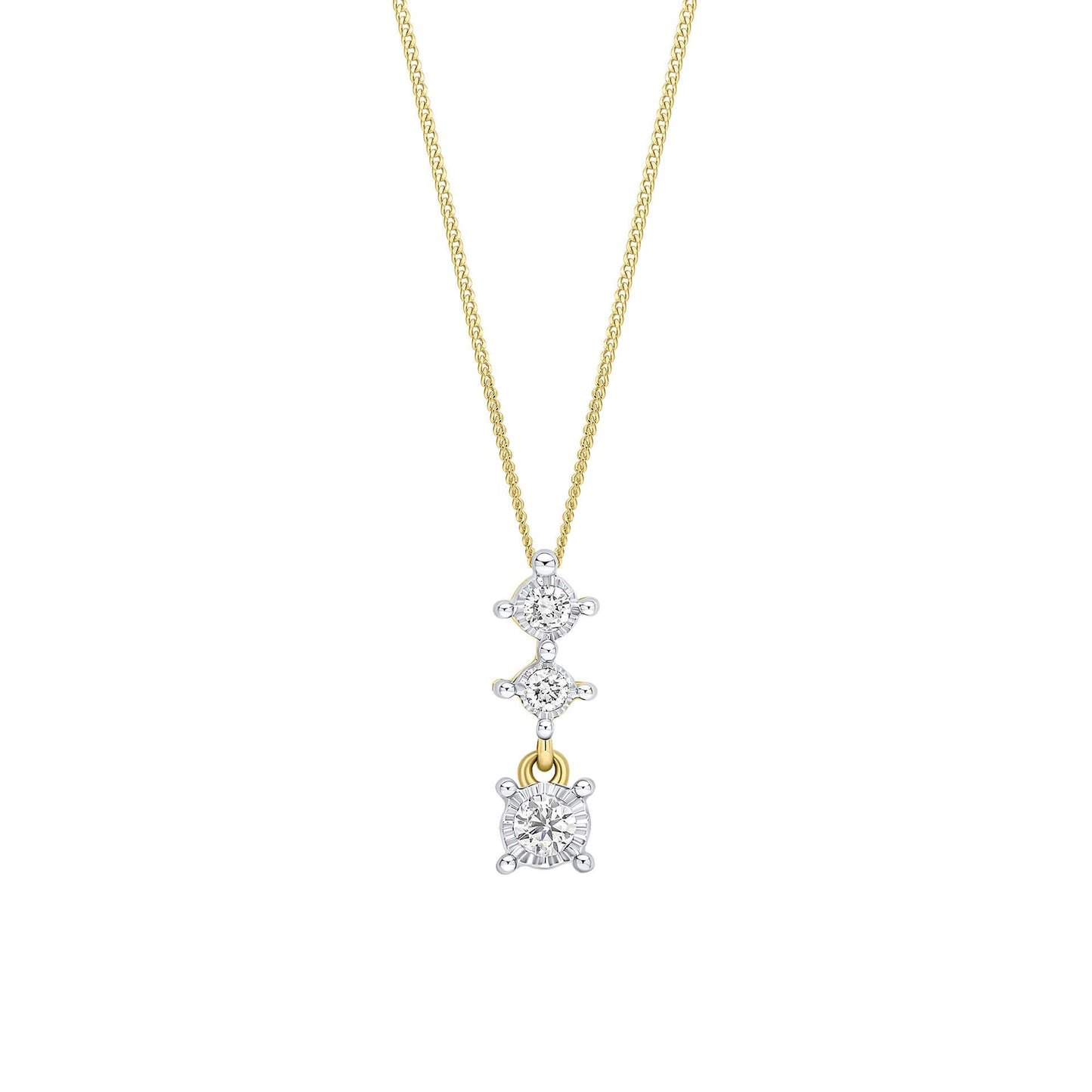A 9ct yellow gold pendant featuring three vertically stacked diamonds in white gold illusion settings, shown on a fine gold chain.