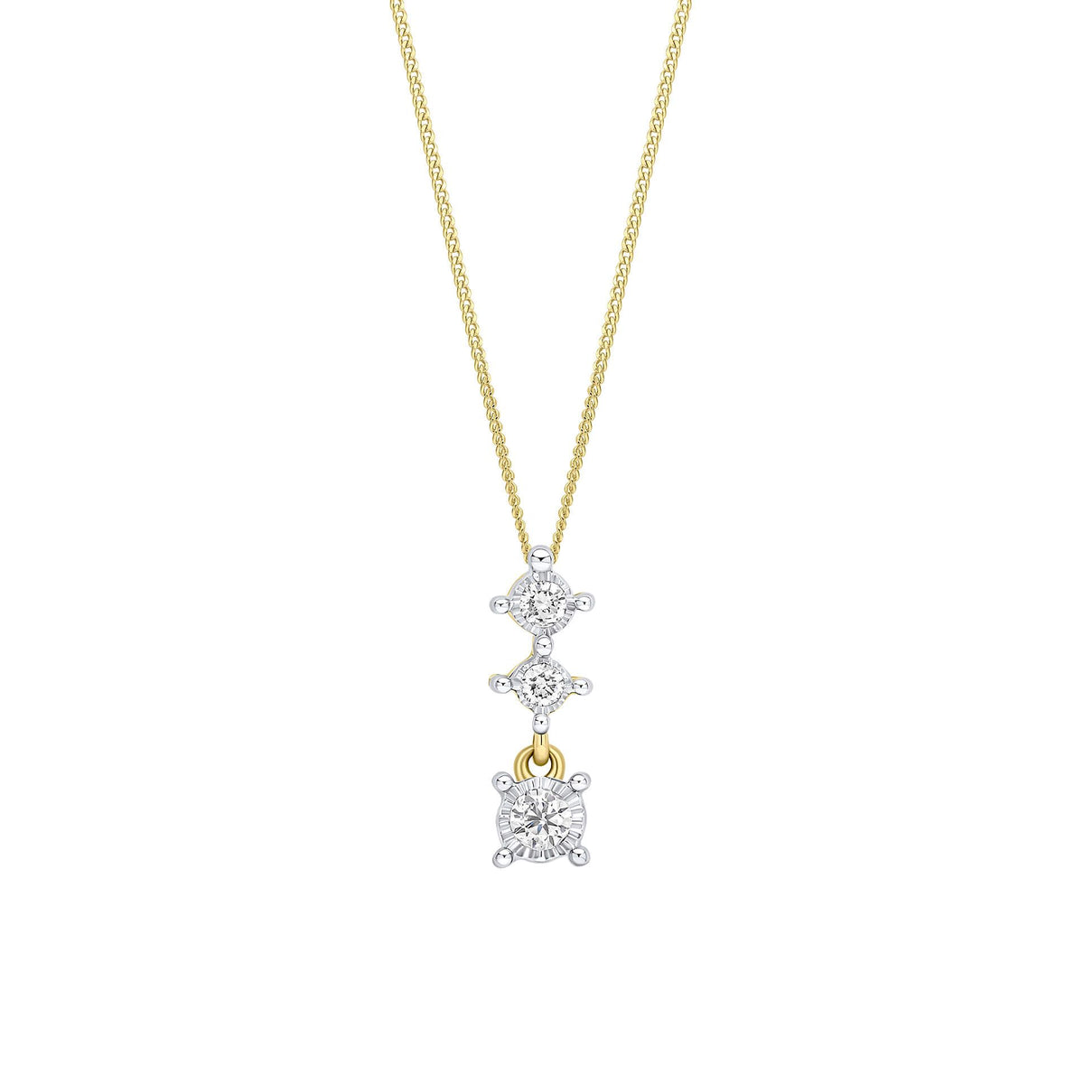 A 9ct yellow gold pendant featuring three vertically stacked diamonds in white gold illusion settings, shown on a fine gold chain.