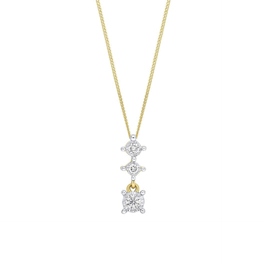 A 9ct yellow gold pendant featuring three vertically stacked diamonds in white gold illusion settings, shown on a fine gold chain. 1920