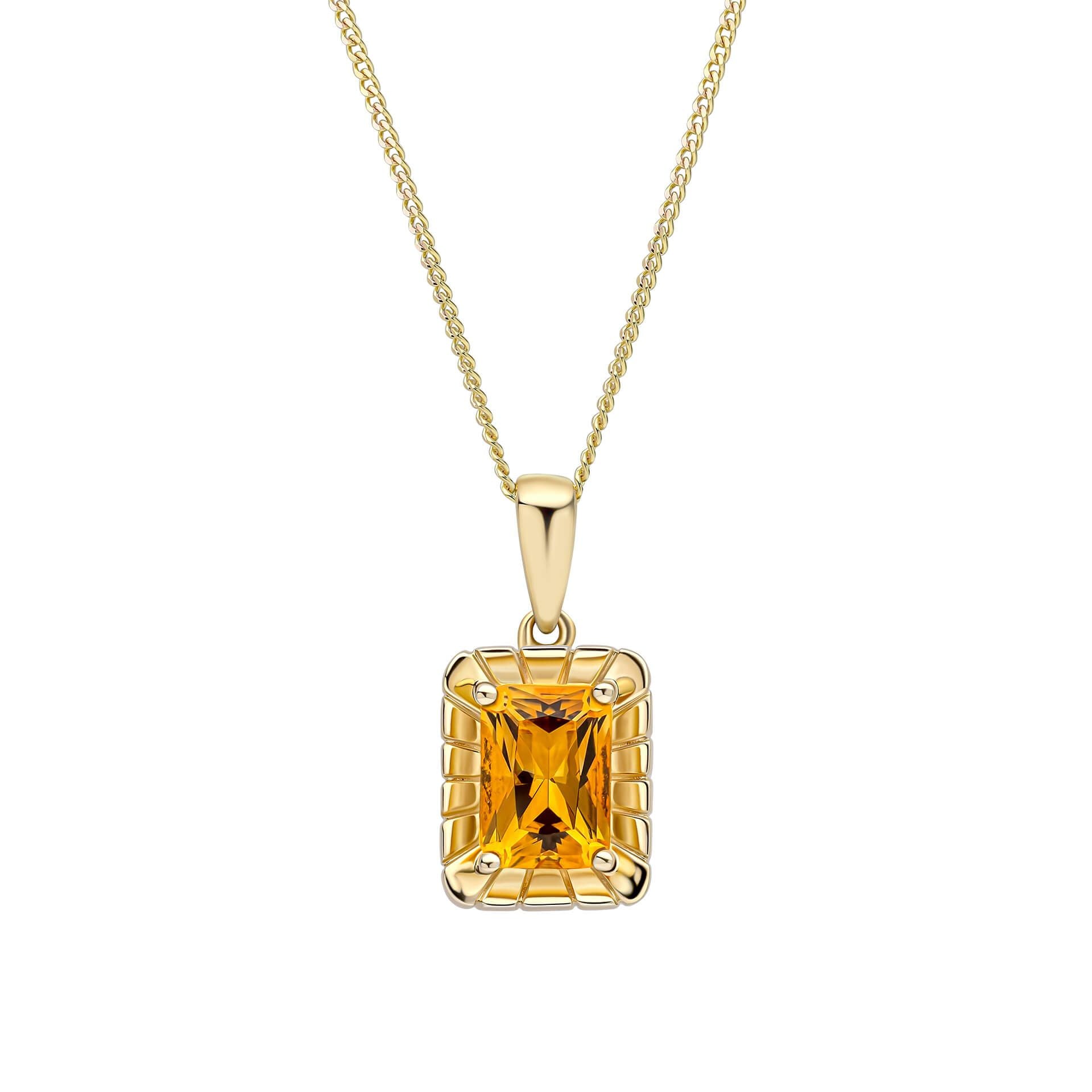 A 9ct yellow gold pendant featuring an octagon-cut citrine gemstone surrounded by a detailed, textured gold frame, shown on a fine gold chain.