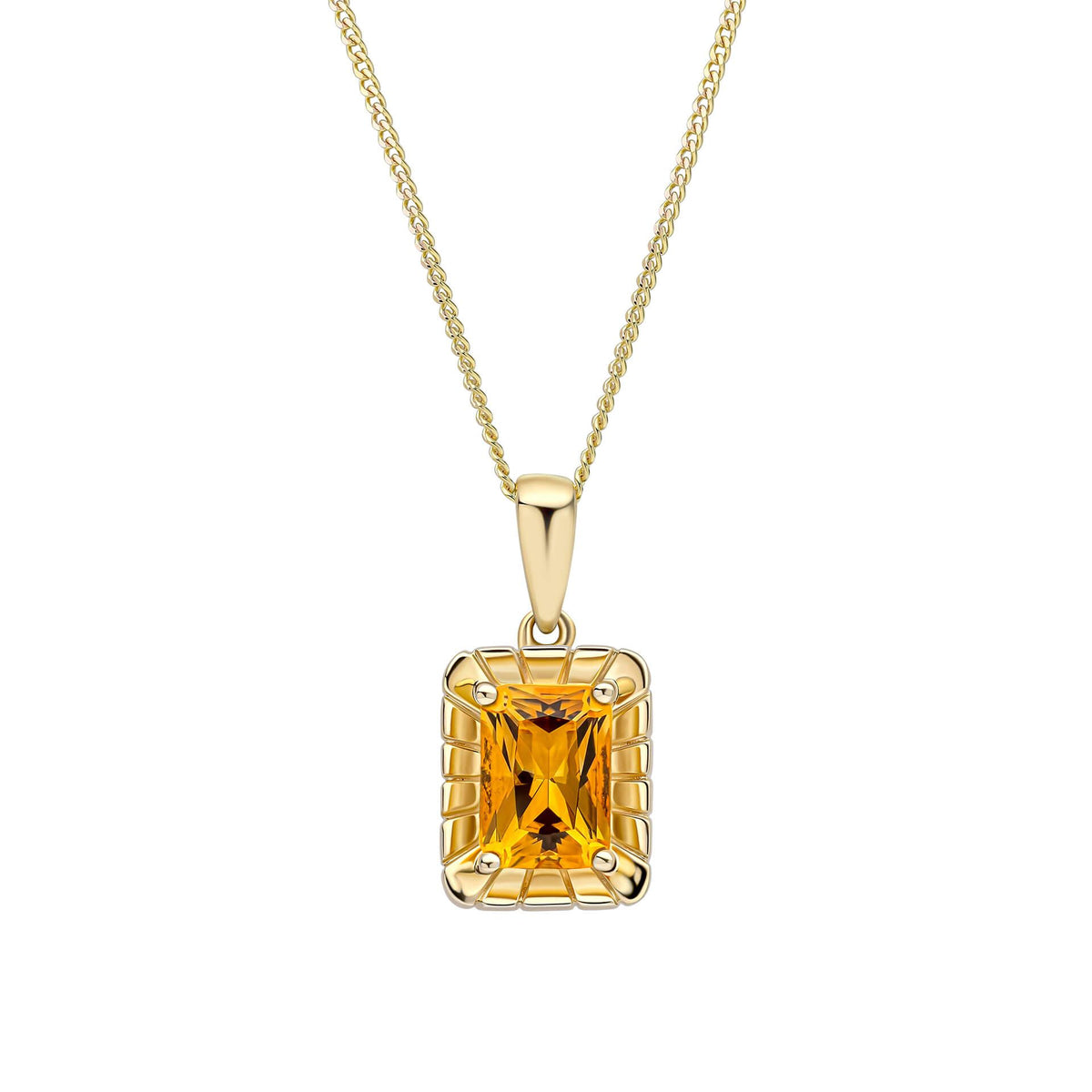 A 9ct yellow gold pendant featuring an octagon-cut citrine gemstone surrounded by a detailed, textured gold frame, shown on a fine gold chain.
