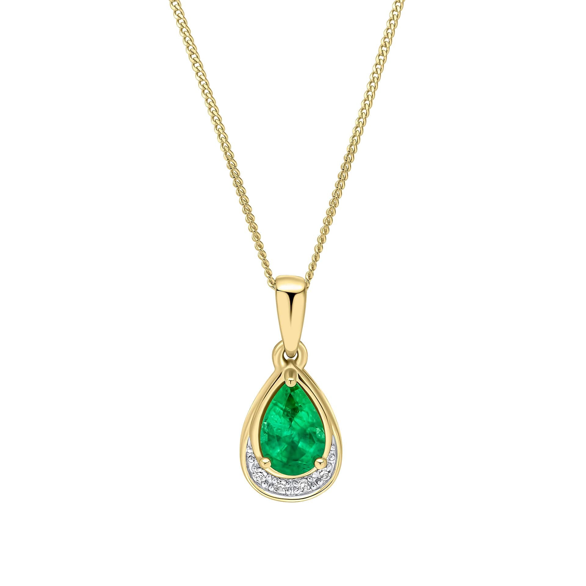 A 9ct yellow gold pendant featuring a pear-cut emerald above a curved row of diamonds, shown on a fine gold chain.
