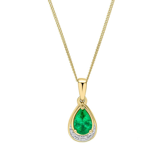 A 9ct yellow gold pendant featuring a pear-cut emerald above a curved row of diamonds, shown on a fine gold chain. 1920