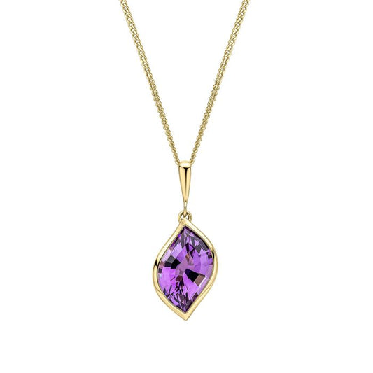 Gold necklace with a purple teardrop pendant on a white background 700