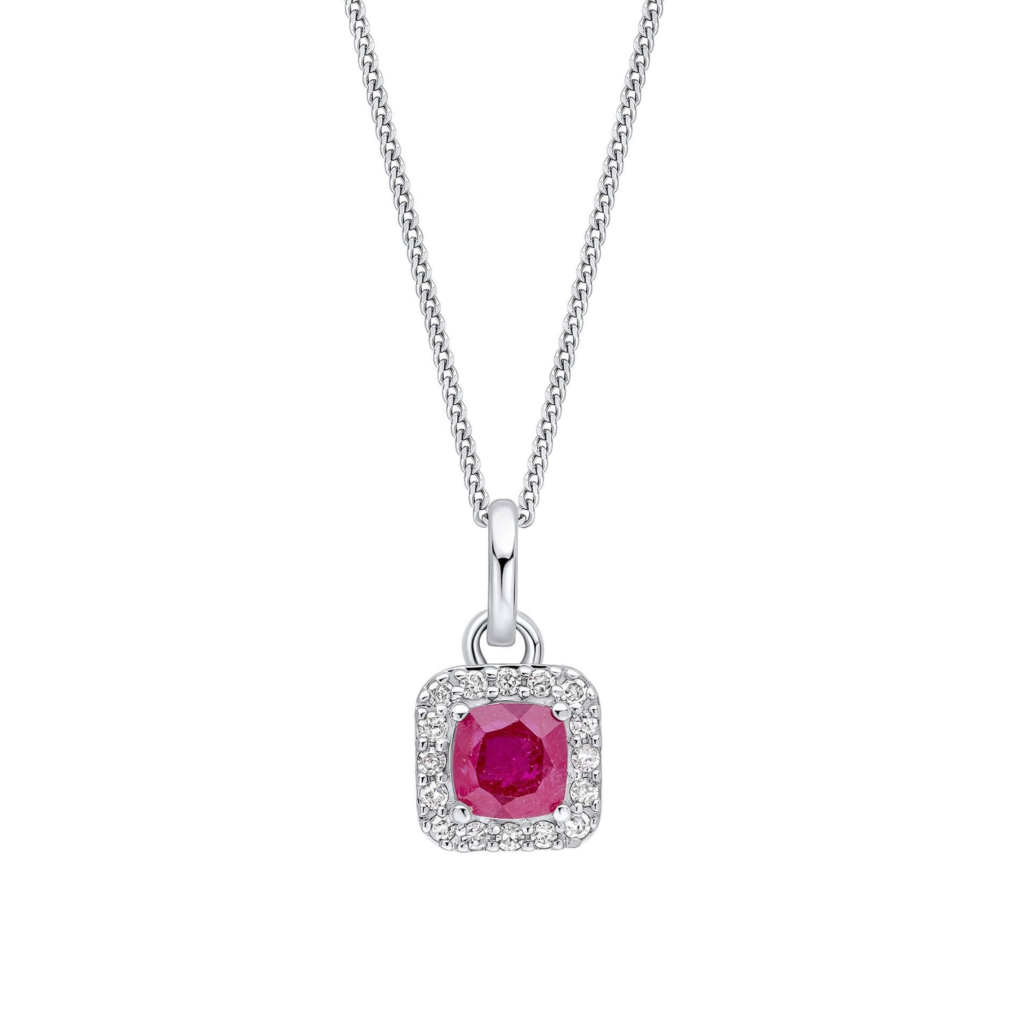 Silver necklace with a pink gemstone pendant on a white background