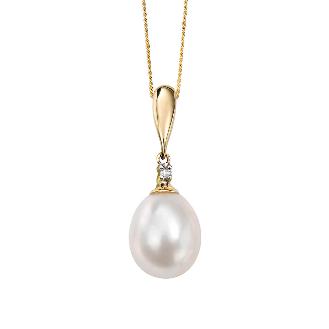 Freshwater pearl and diamond drop pendant in 9ct yellow gold