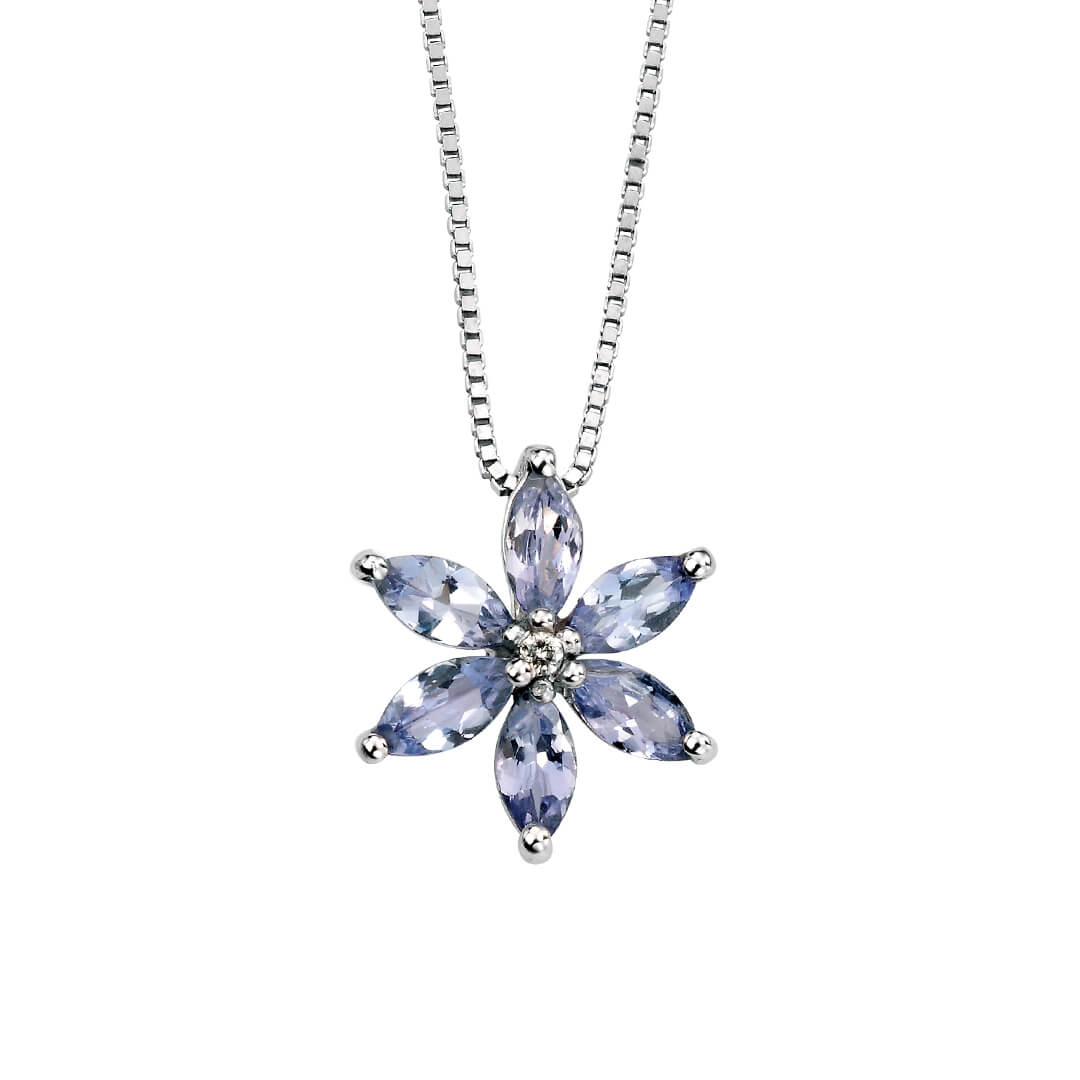 Tanzanite flower pendant with diamond in 9ct white gold