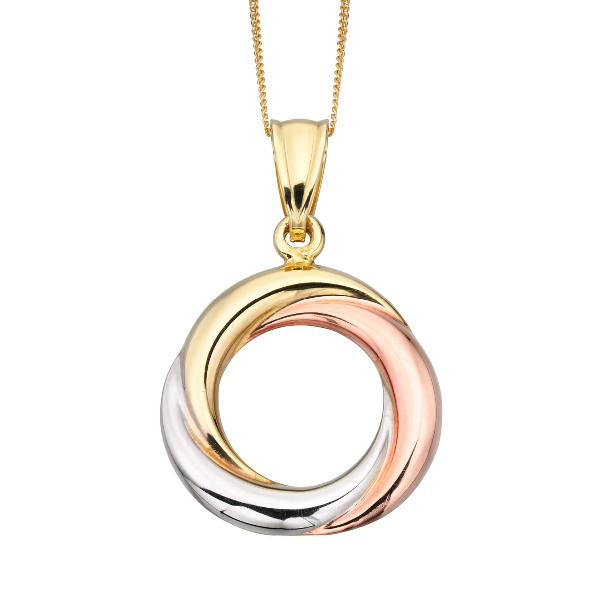 Tri-metal open circle pendant in 9ct gold, front view