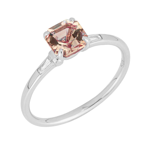 Asscher cut morganite ring with diamond shoulders in 9ct white gold
