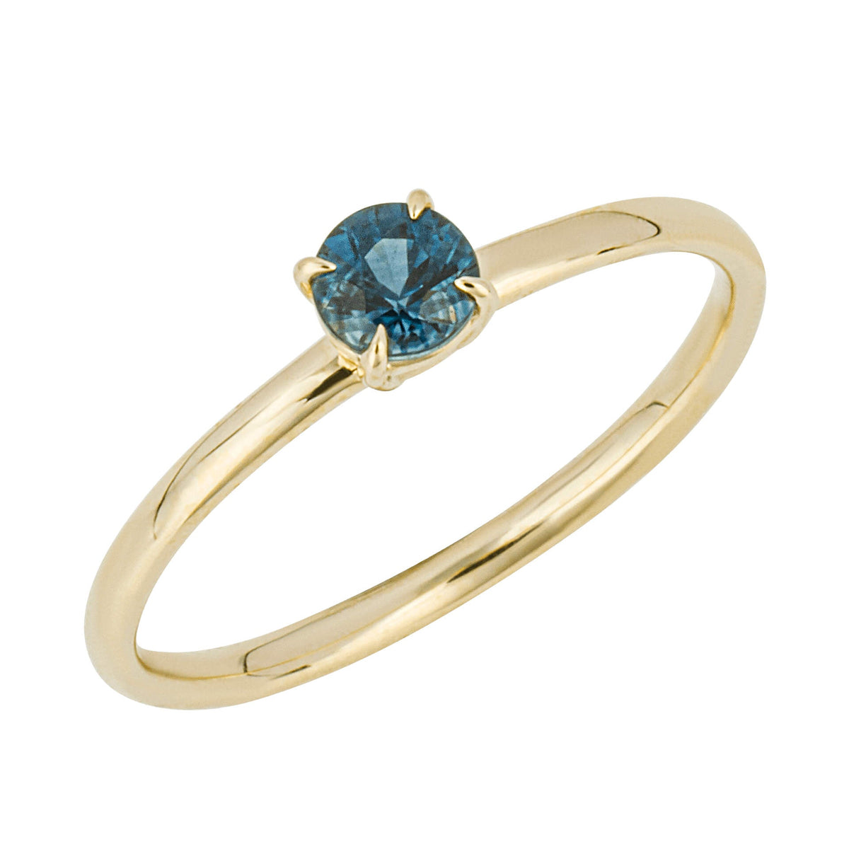 Round teal sapphire ring in 9ct yellow gold